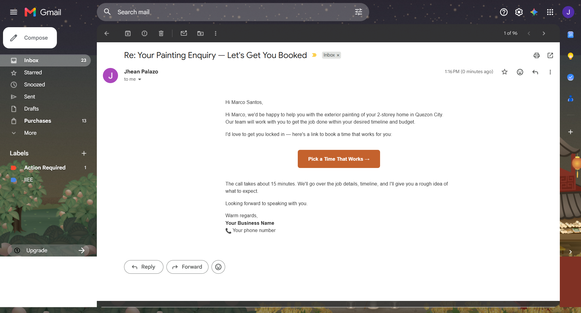 Gmail — Personalized booking email
