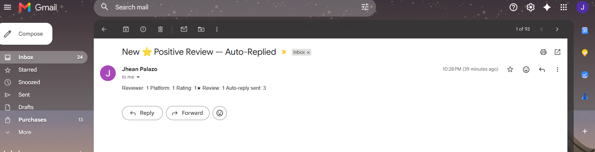 Gmail confirmation — positive review auto-replied