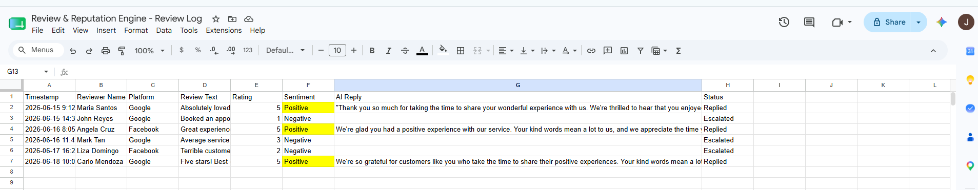 Google Sheets review log — with AI replies and status