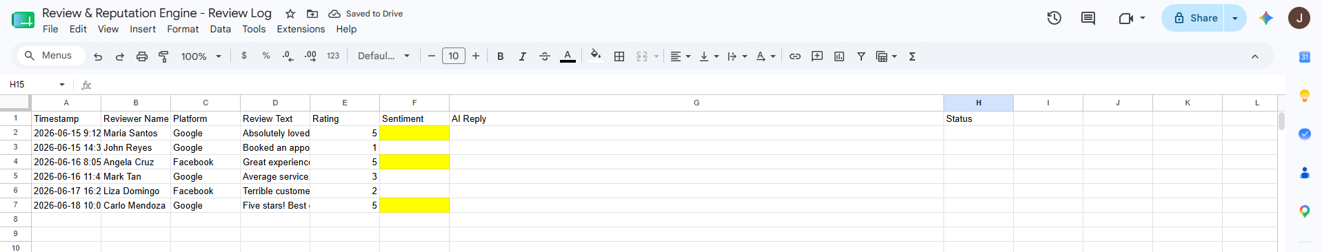 Google Sheets review log — incoming reviews