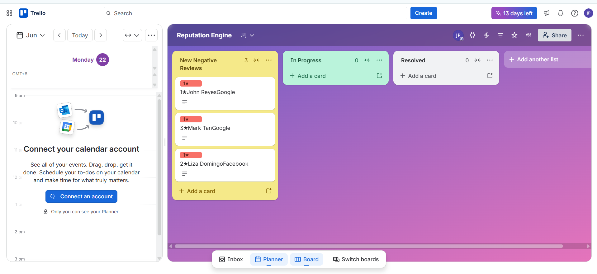 Trello board — negative reviews escalated