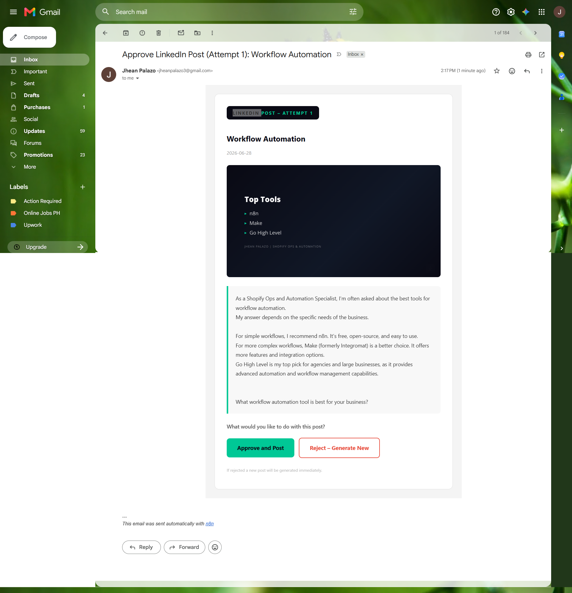 Gmail approval email with post preview and approve/reject buttons